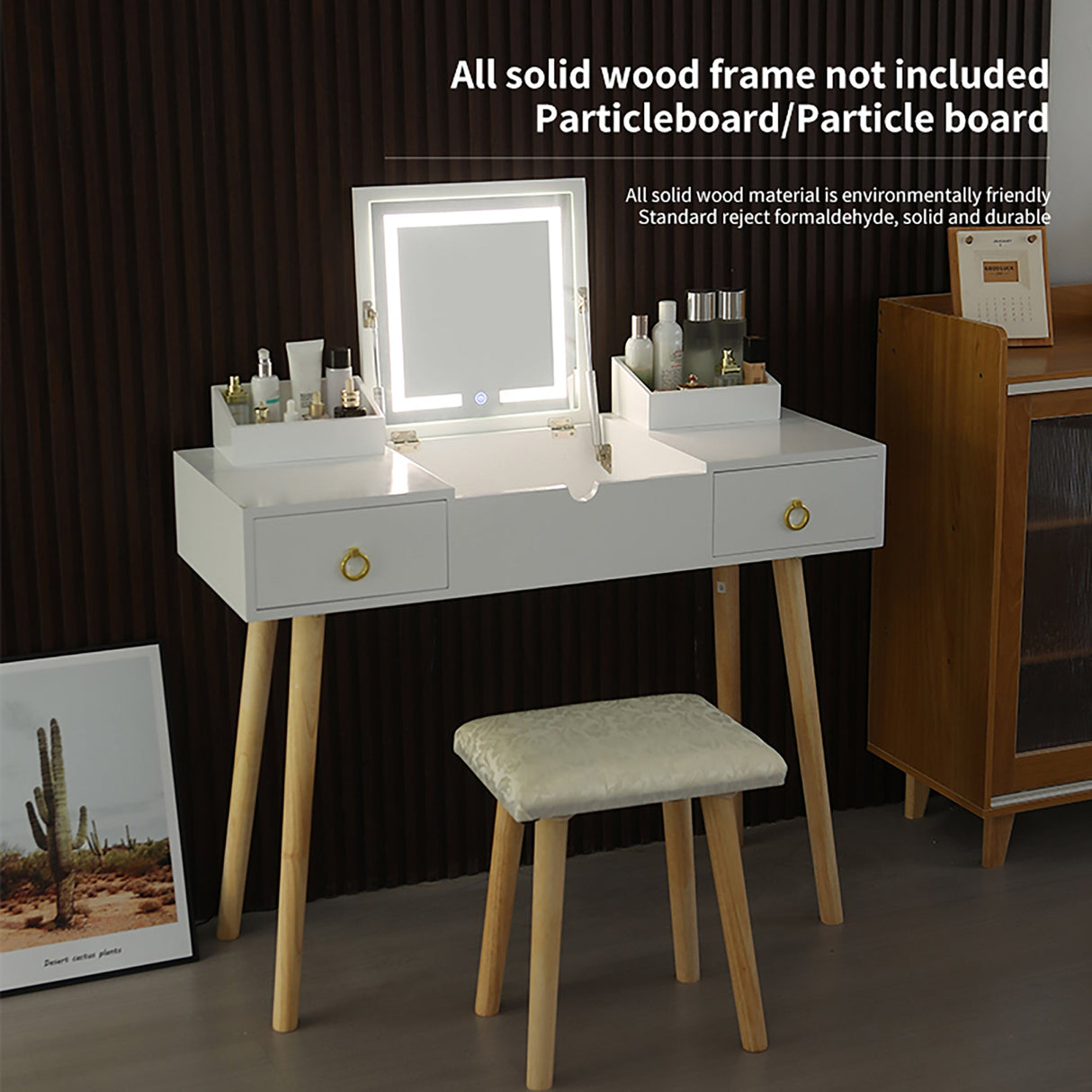 Vanity Desk Set with LED Lighted Mirror-Bedroom-Parc Decor