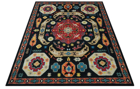 Vibrant colorful 8x10 Black, Maroon and Beige Traditional Medallion Mamluk Design wool Rug