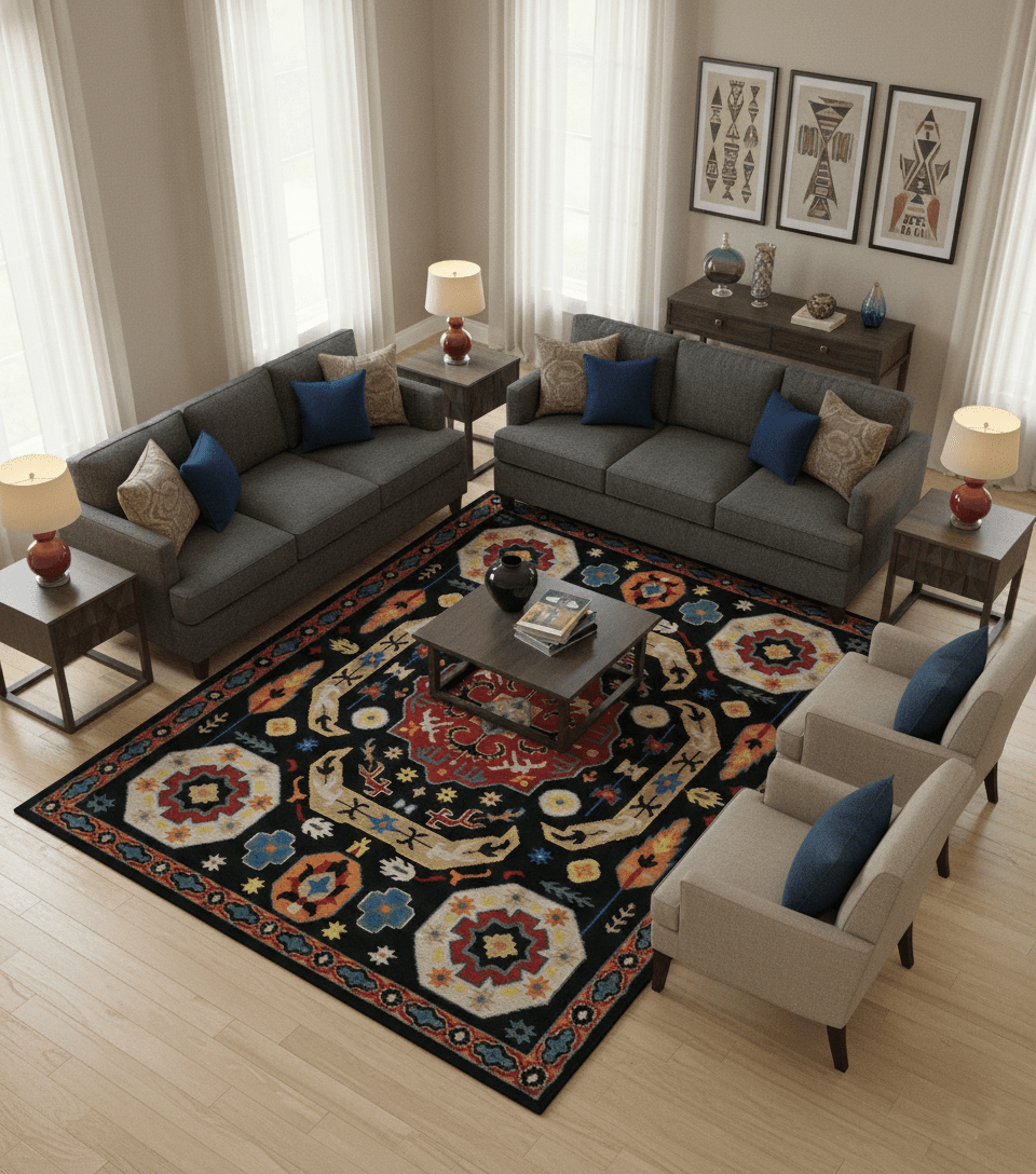 Vibrant colorful 8x10 Black, Maroon and Beige Traditional Medallion Mamluk Design wool Rug