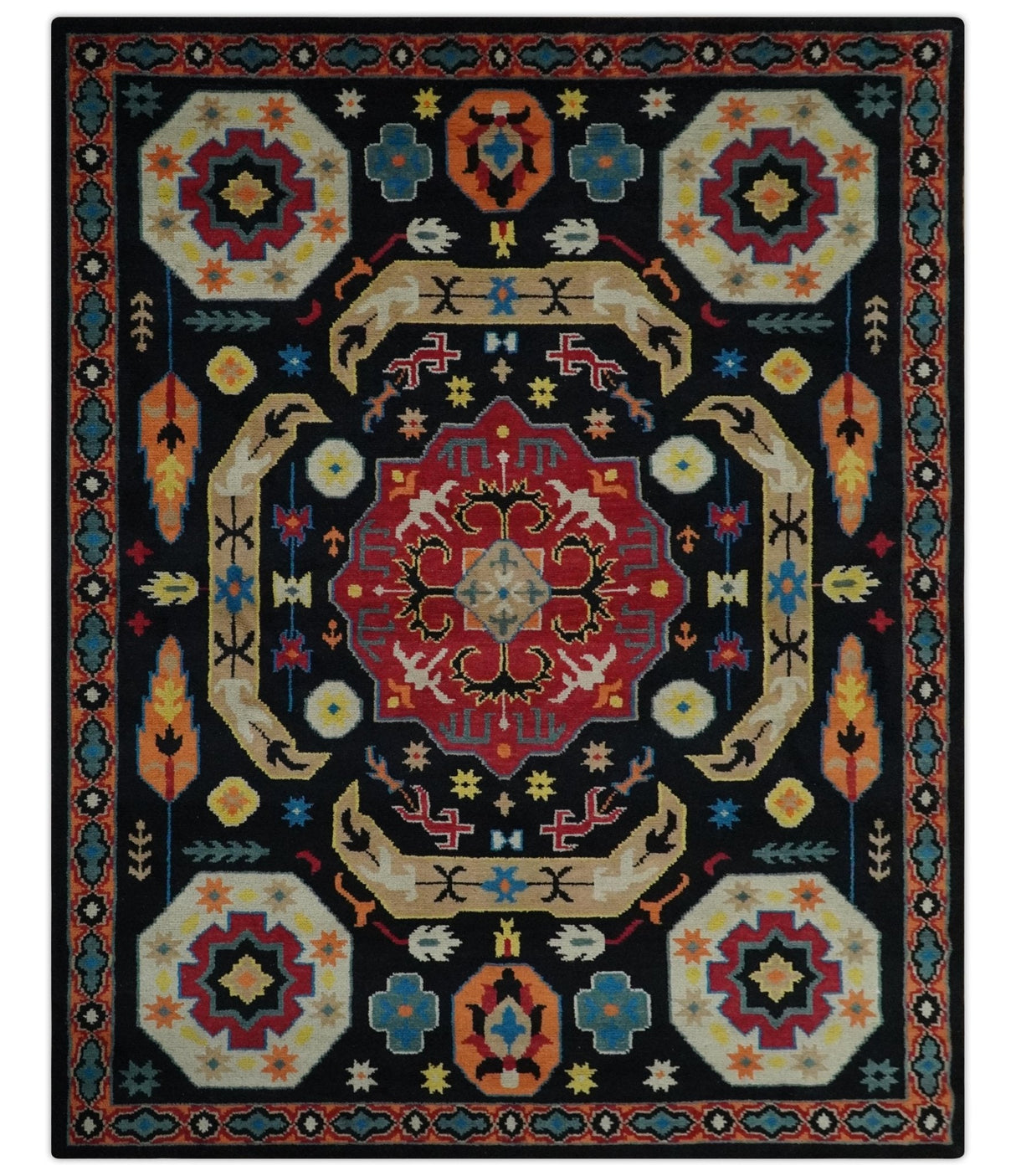 Vibrant colorful 8x10 Black, Maroon and Beige Traditional Medallion Mamluk Design wool Rug