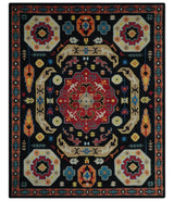 Vibrant colorful 8x10 Black, Maroon and Beige Traditional Medallion Mamluk Design wool Rug