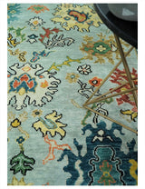 Vibrant Colorful Aqua, Ivory, Gold and Rust Hand Knotted Traditional Oushak Multi Size wool Area Rug