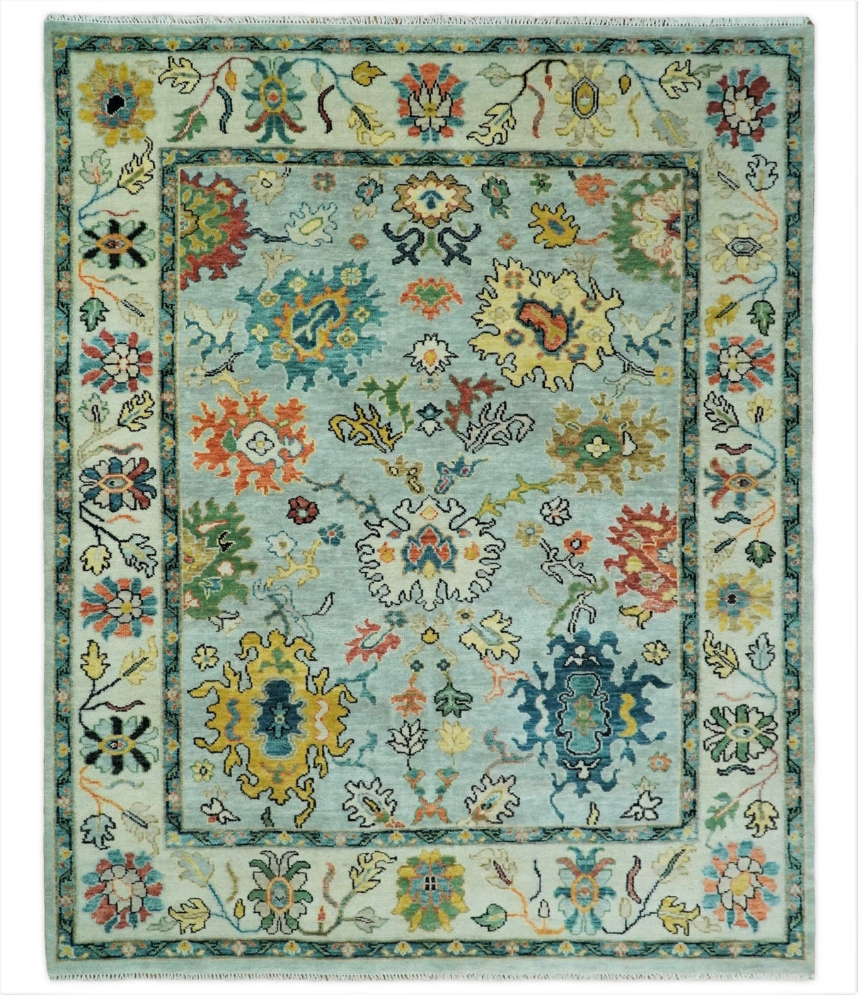 Vibrant Colorful Aqua, Ivory, Gold and Rust Hand Knotted Traditional Oushak Multi Size wool Area Rug