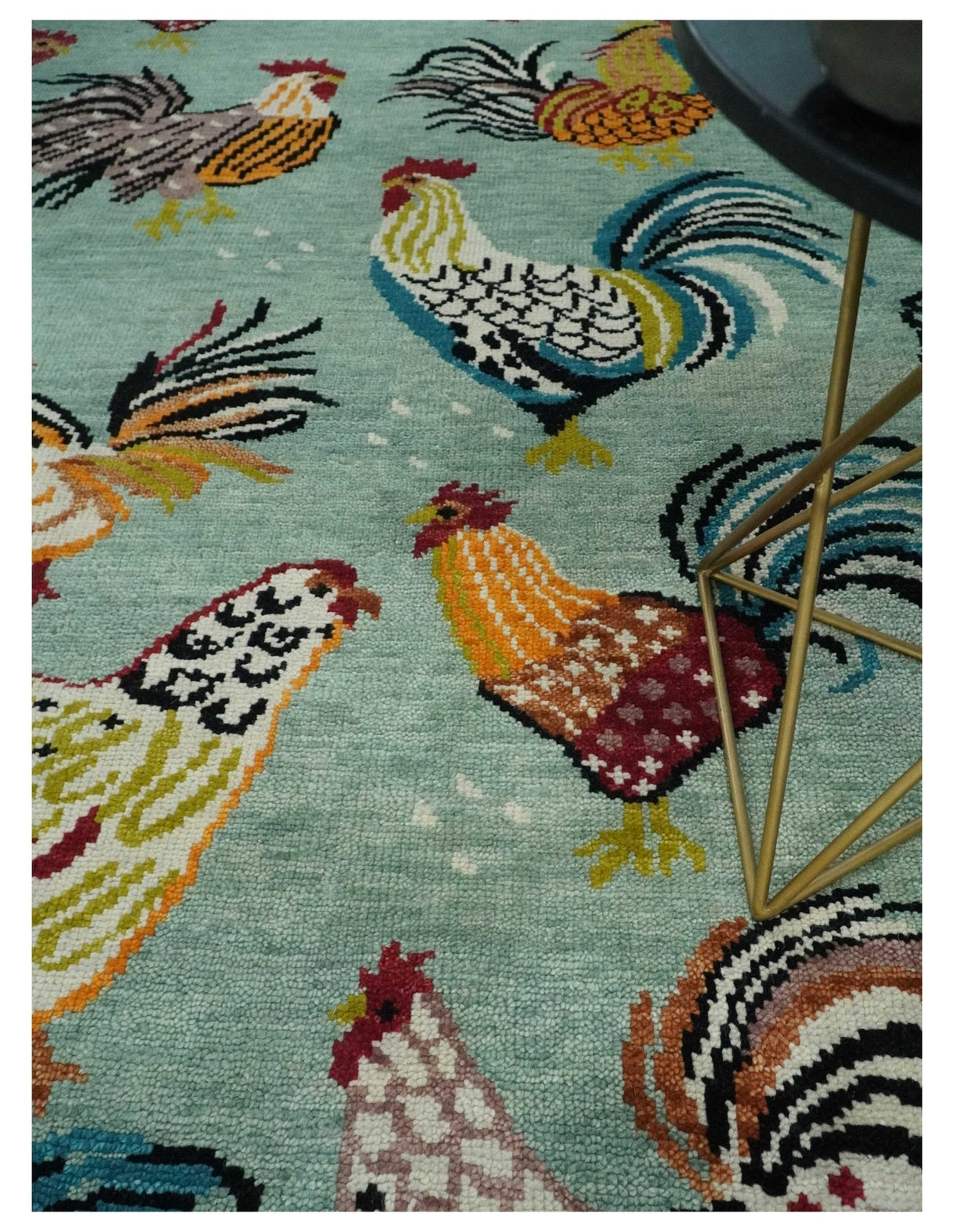 Vibrant Colorful Beautiful Chicken Bird Sage, Ivory, Gold and Brown Hand Knotted Multi Size Wool Area Rug