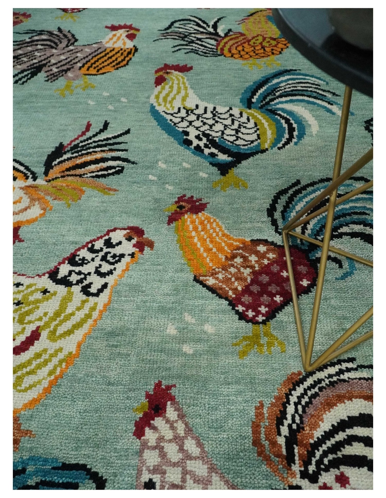 Vibrant Colorful Beautiful Chicken Bird Sage, Ivory, Gold and Brown Hand Knotted Multi Size Wool Area Rug