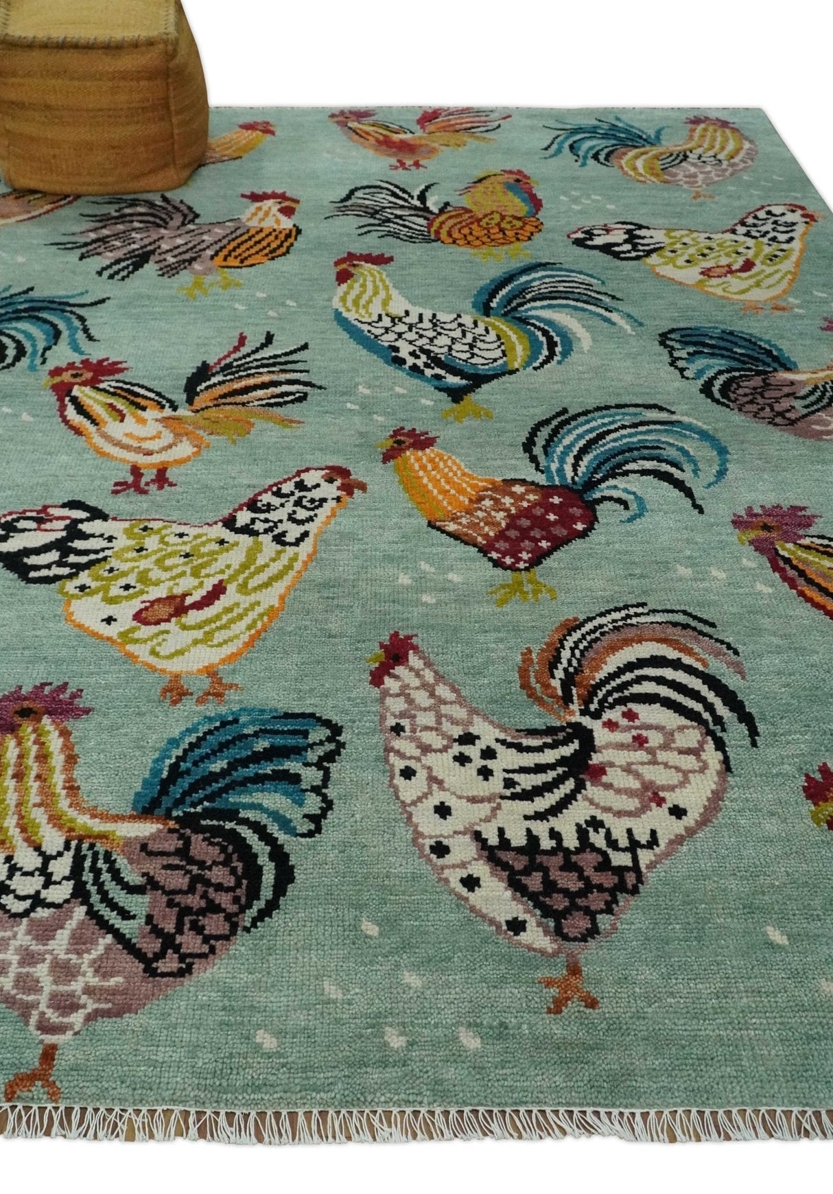 Vibrant Colorful Beautiful Chicken Bird Sage, Ivory, Gold and Brown Hand Knotted Multi Size Wool Area Rug
