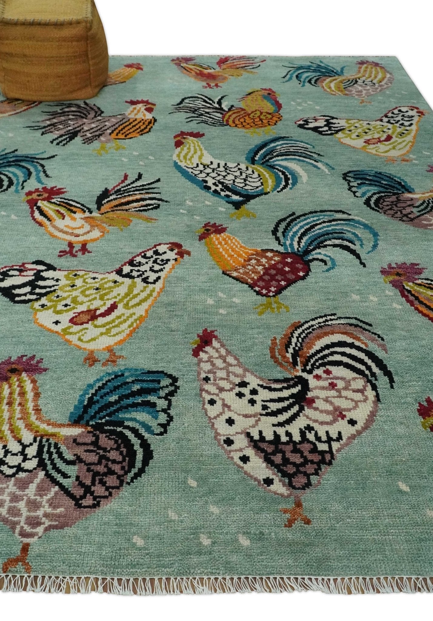 Vibrant Colorful Beautiful Chicken Bird Sage, Ivory, Gold and Brown Hand Knotted Multi Size Wool Area Rug