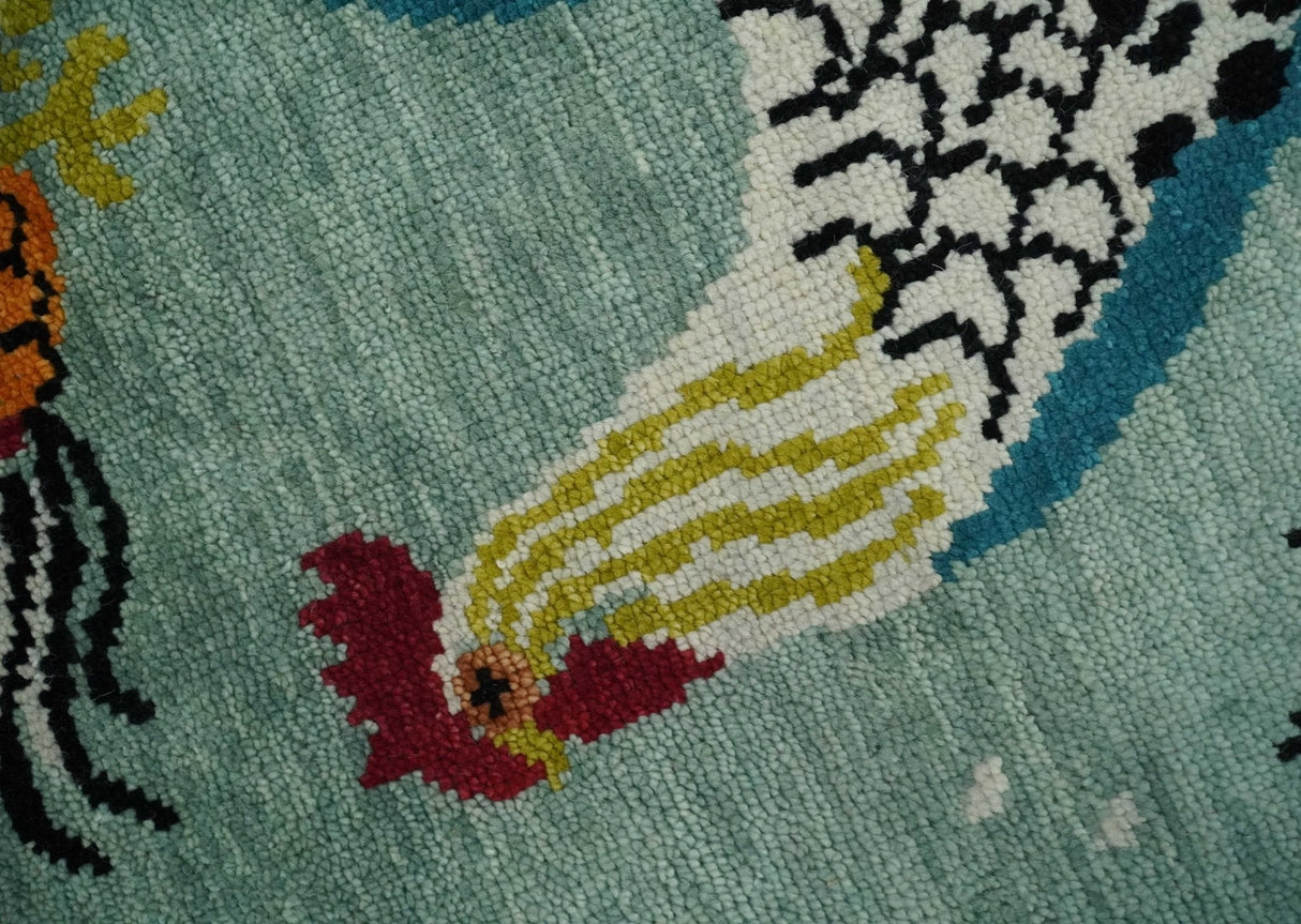 Vibrant Colorful Beautiful Chicken Bird Sage, Ivory, Gold and Brown Hand Knotted Multi Size Wool Area Rug