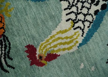 Vibrant Colorful Beautiful Chicken Bird Sage, Ivory, Gold and Brown Hand Knotted Multi Size Wool Area Rug