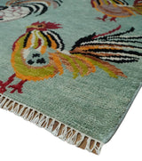 Vibrant Colorful Beautiful Chicken Bird Sage, Ivory, Gold and Brown Hand Knotted Multi Size Wool Area Rug