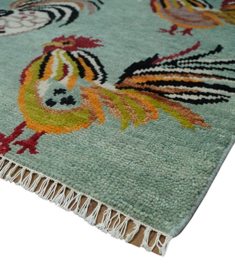 Vibrant Colorful Beautiful Chicken Bird Sage, Ivory, Gold and Brown Hand Knotted Multi Size Wool Area Rug