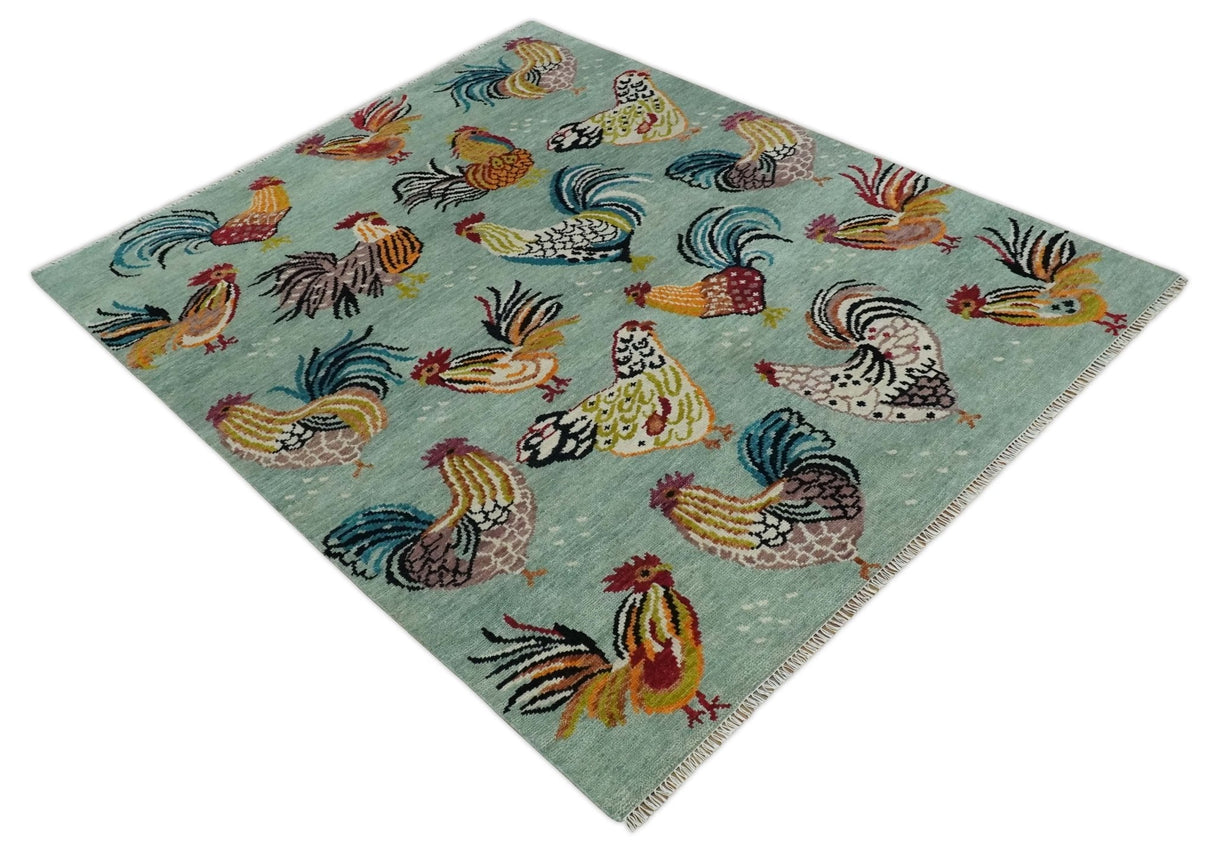 Vibrant Colorful Beautiful Chicken Bird Sage, Ivory, Gold and Brown Hand Knotted Multi Size Wool Area Rug