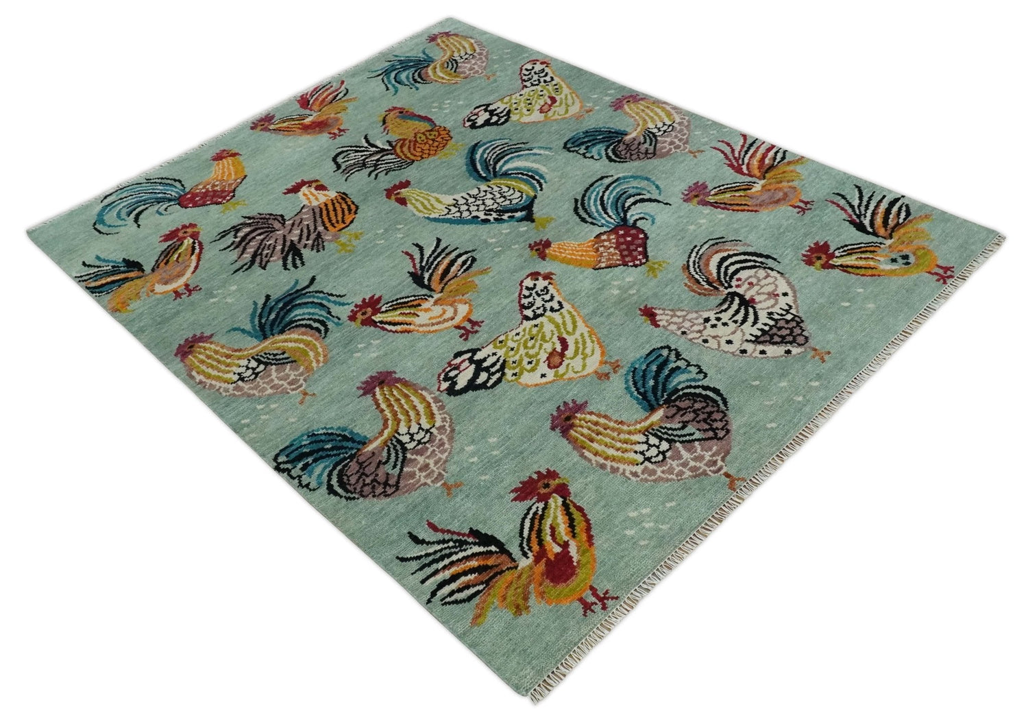 Vibrant Colorful Beautiful Chicken Bird Sage, Ivory, Gold and Brown Hand Knotted Multi Size Wool Area Rug