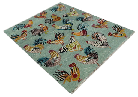 Vibrant Colorful Beautiful Chicken Bird Sage, Ivory, Gold and Brown Hand Knotted Multi Size Wool Area Rug