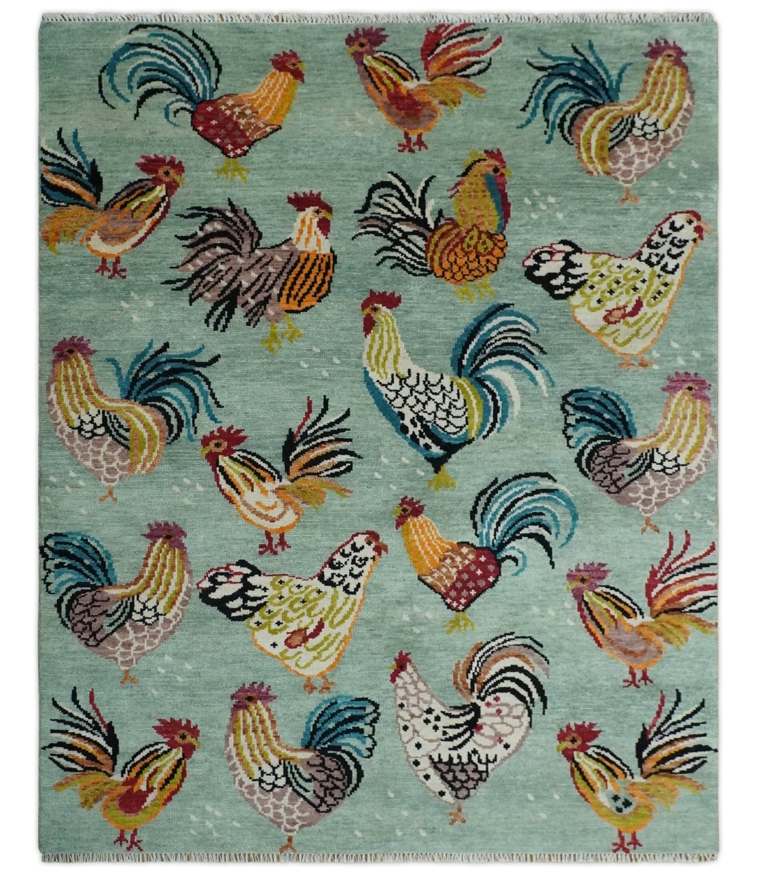 Vibrant Colorful Beautiful Chicken Bird Sage, Ivory, Gold and Brown Hand Knotted Multi Size Wool Area Rug