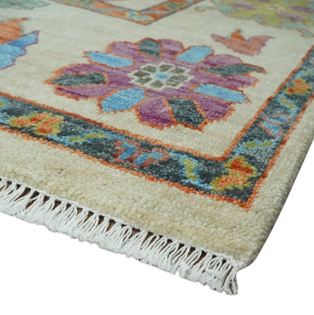 Vibrant colorful Beige And Rust Hand Knotted Traditional Oushak wool Area Rug