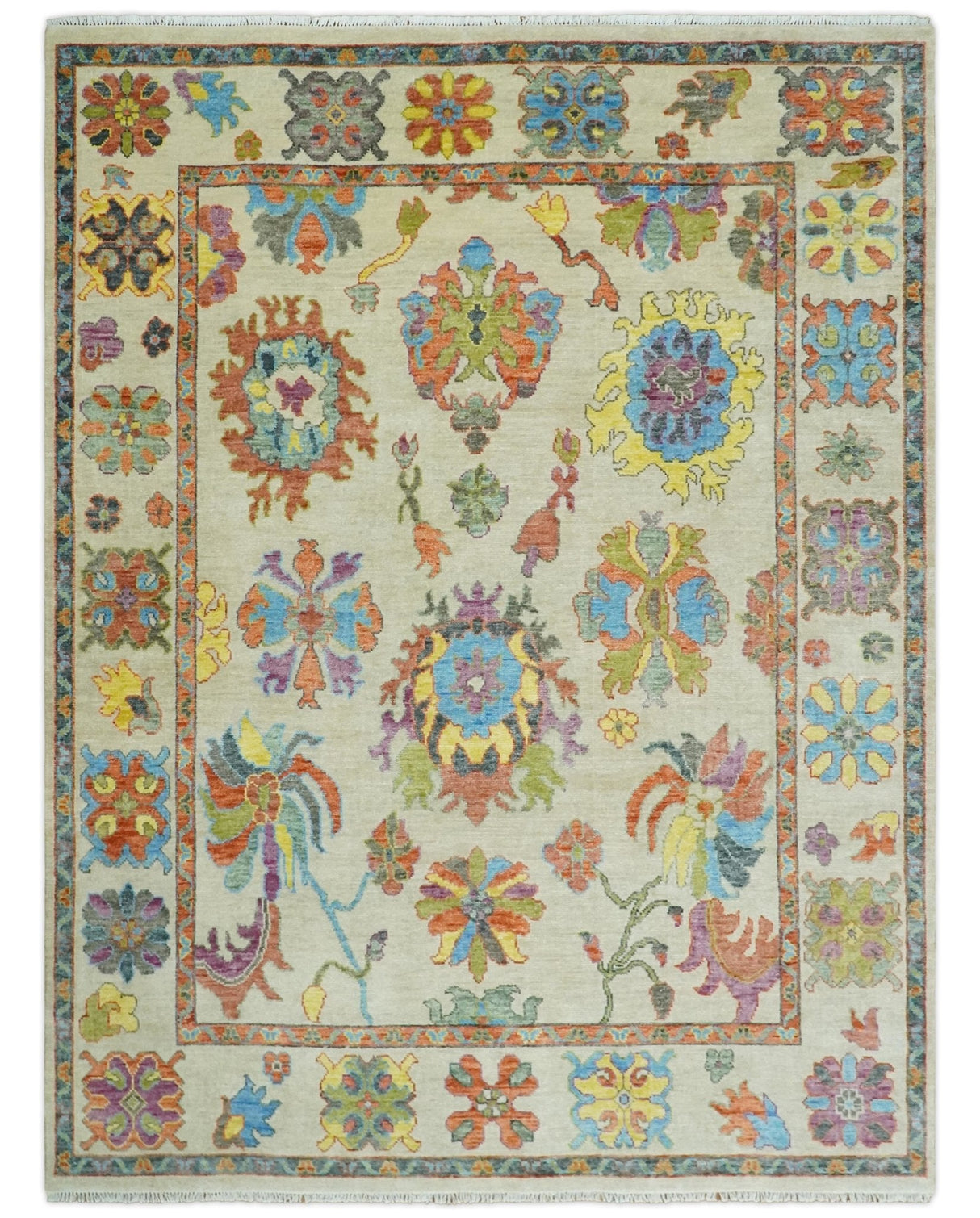 Vibrant colorful Beige And Rust Hand Knotted Traditional Oushak wool Area Rug