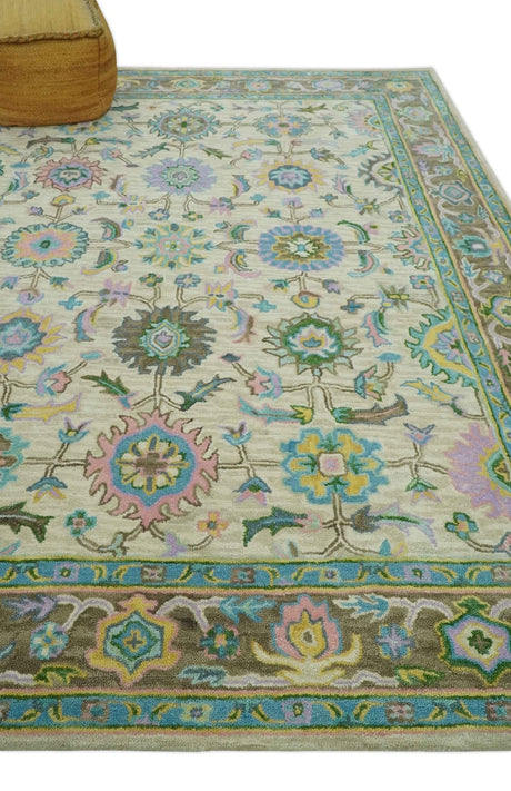 Vibrant Colorful Beige, Blue and Purple Traditional Floral Hand Tufted 8x10 wool rug