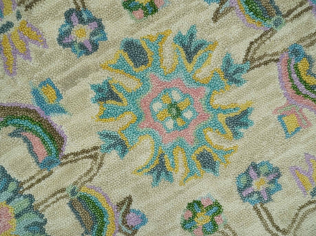 Vibrant Colorful Beige, Blue and Purple Traditional Floral Hand Tufted 8x10 wool rug