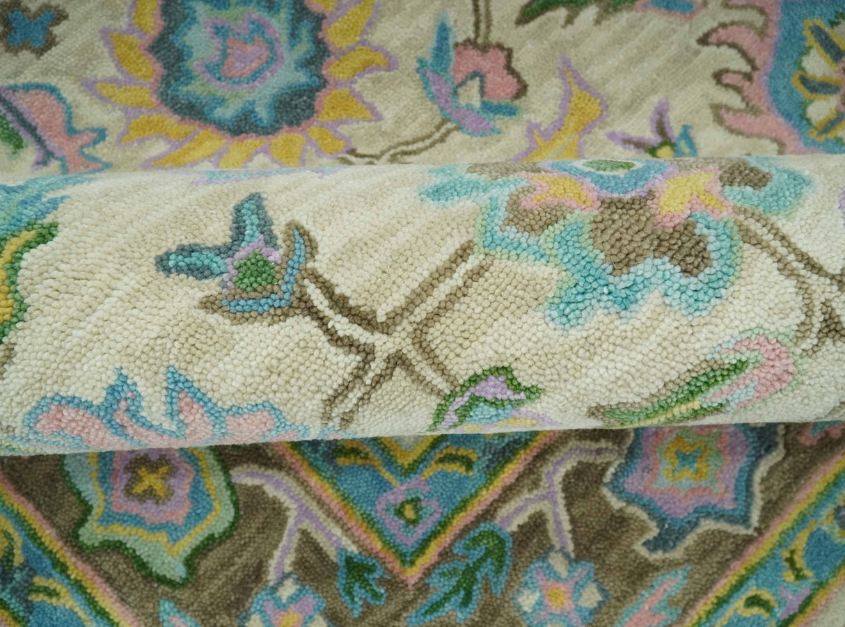 Vibrant Colorful Beige, Blue and Purple Traditional Floral Hand Tufted 8x10 wool rug
