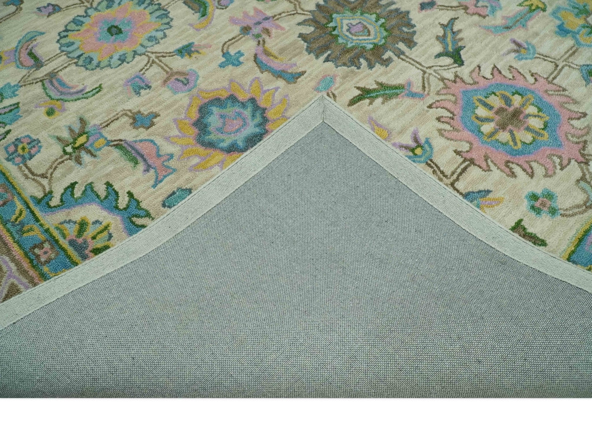 Vibrant Colorful Beige, Blue and Purple Traditional Floral Hand Tufted 8x10 wool rug