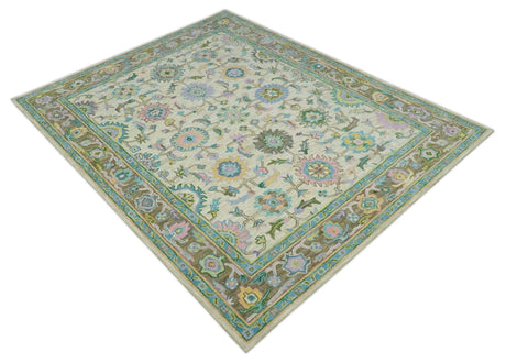 Vibrant Colorful Beige, Blue and Purple Traditional Floral Hand Tufted 8x10 wool rug