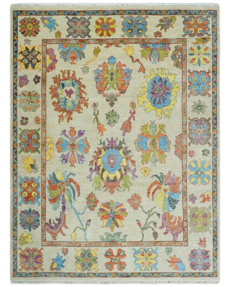 Vibrant colorful Beige, Rust, Blue and Mustard Hand Knotted Traditional Oushak Multi Size wool Area Rug