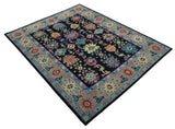 Vibrant Colorful Black, Beige, Purple and Blue Hand Knotted Traditional Oushak Custom Made wool Area Rug