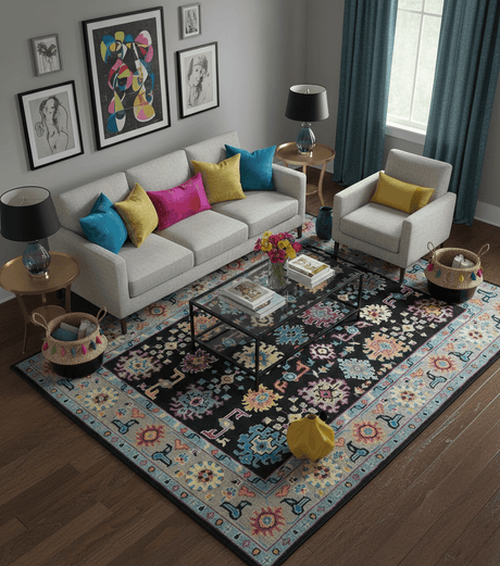Vibrant Colorful Black, Beige, Purple and Blue Hand Knotted Traditional Oushak Custom Made wool Area Rug