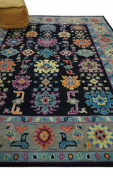 Vibrant Colorful Black, Beige, Purple and Blue Hand Knotted Traditional Oushak Custom Made wool Area Rug