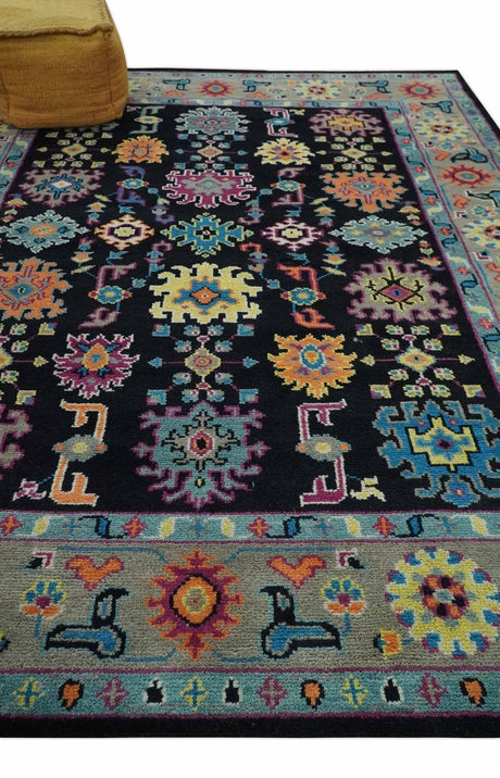 Vibrant Colorful Black, Beige, Purple and Blue Hand Knotted Traditional Oushak Custom Made wool Area Rug