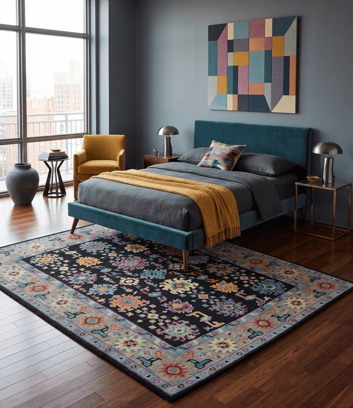 Vibrant Colorful Black, Beige, Purple and Blue Hand Knotted Traditional Oushak Custom Made wool Area Rug
