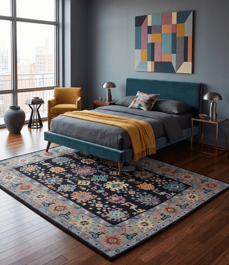 Vibrant Colorful Black, Beige, Purple and Blue Hand Knotted Traditional Oushak Custom Made wool Area Rug