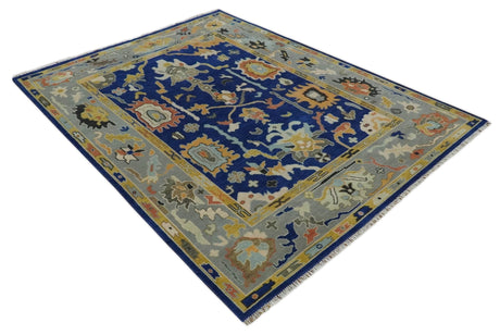 Vibrant Colorful Blue, Silver and Mustard Hand knotted Traditional Oushak Multi Size wool Area Rug