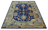 Vibrant Colorful Blue, Silver and Mustard Hand knotted Traditional Oushak Multi Size wool Area Rug