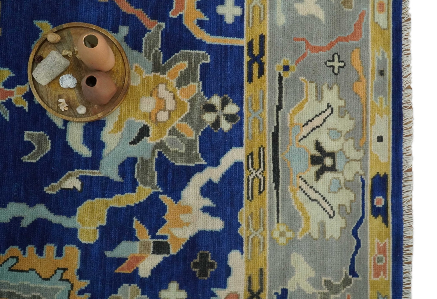 Vibrant Colorful Blue, Silver and Mustard Hand knotted Traditional Oushak Multi Size wool Area Rug