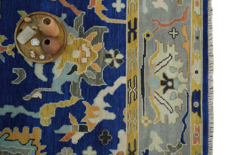 Vibrant Colorful Blue, Silver and Mustard Hand knotted Traditional Oushak Multi Size wool Area Rug