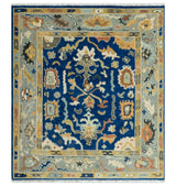 Vibrant Colorful Blue, Silver and Mustard Hand knotted Traditional Oushak Multi Size wool Area Rug