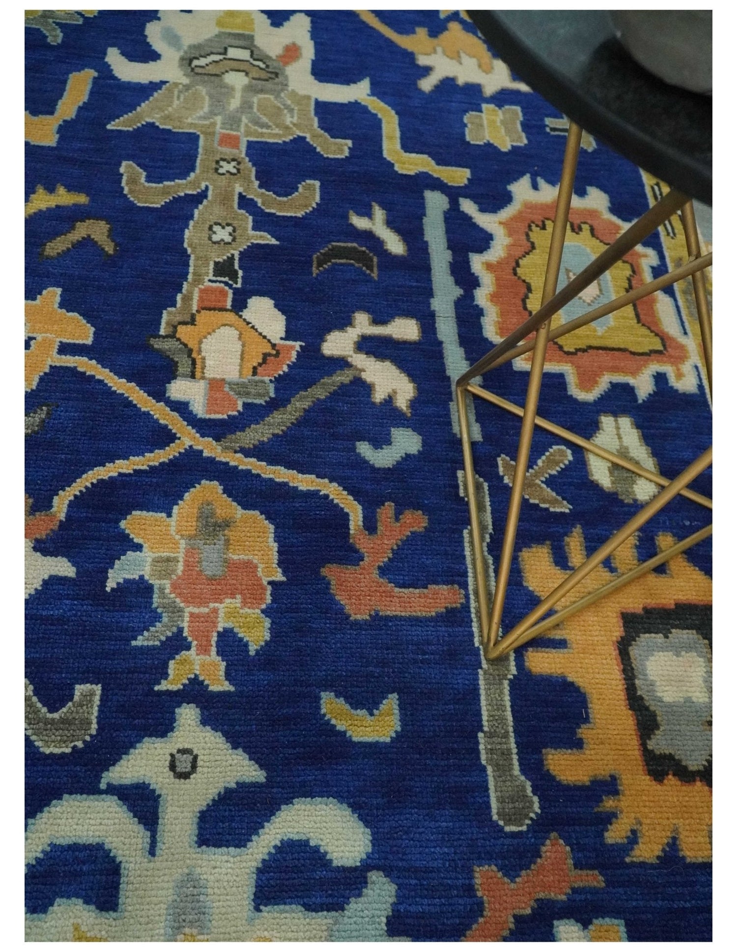 Vibrant Colorful Blue, Silver and Mustard Hand knotted Traditional Oushak Multi Size wool Area Rug