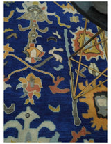 Vibrant Colorful Blue, Silver and Mustard Hand knotted Traditional Oushak Multi Size wool Area Rug