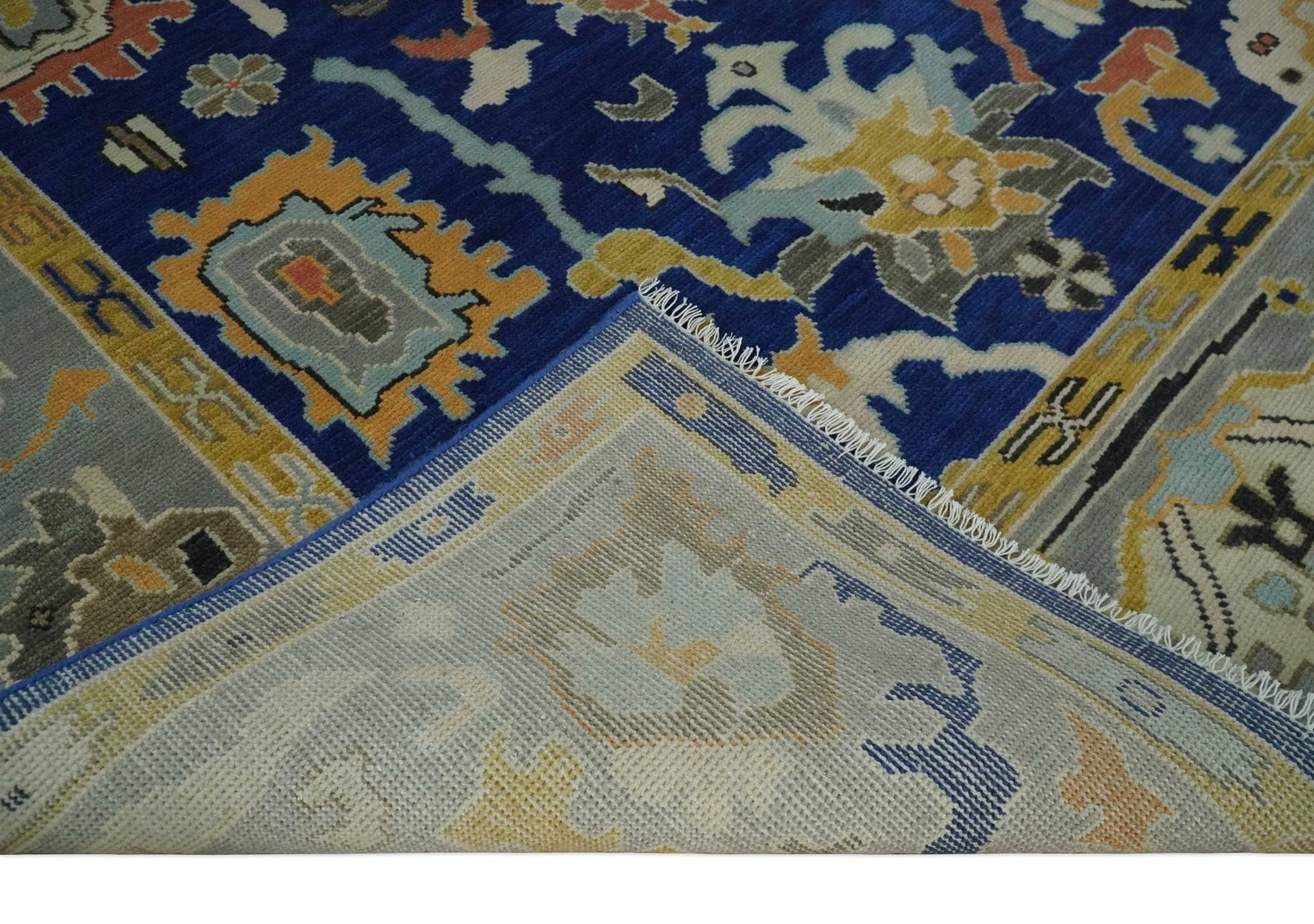 Vibrant Colorful Blue, Silver and Mustard Hand knotted Traditional Oushak Multi Size wool Area Rug