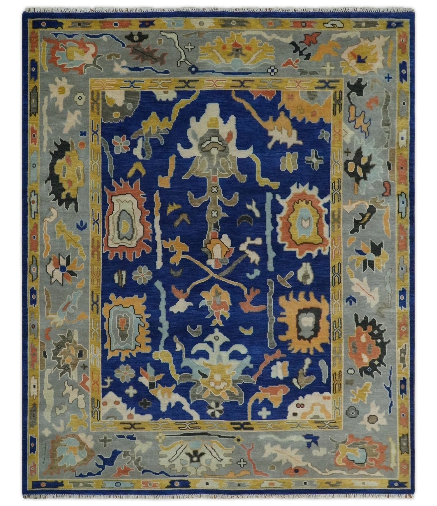 Vibrant Colorful Blue, Silver and Mustard Hand knotted Traditional Oushak Multi Size wool Area Rug