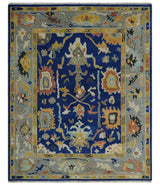 Vibrant Colorful Blue, Silver and Mustard Hand knotted Traditional Oushak Multi Size wool Area Rug