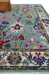 Vibrant colorful Gray And Ivory Hand Knotted Traditional Oushak wool Area Rug