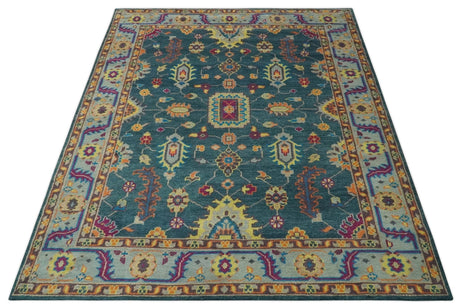 Vibrant Colorful Green, Silver, Mustard and Orange Hand Knotted Oriental Oushak Multi Size wool Area Rug