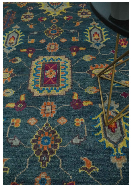 Vibrant Colorful Green, Silver, Mustard and Orange Hand Knotted Oriental Oushak Multi Size wool Area Rug