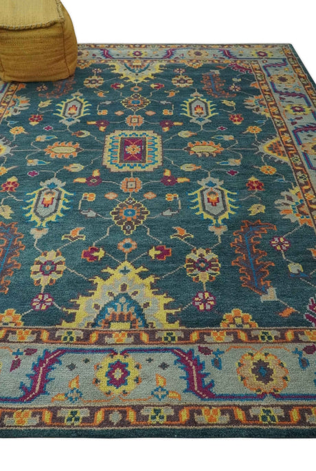 Vibrant Colorful Green, Silver, Mustard and Orange Hand Knotted Oriental Oushak Multi Size wool Area Rug