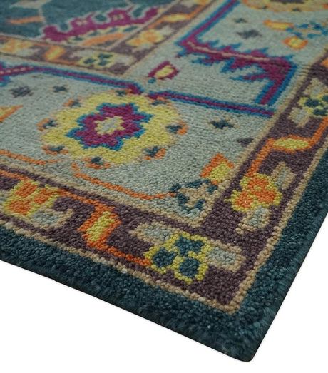 Vibrant Colorful Green, Silver, Mustard and Orange Hand Knotted Oriental Oushak Multi Size wool Area Rug