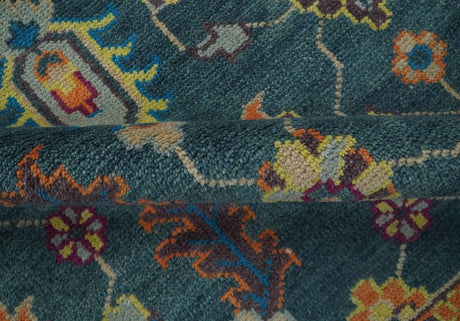 Vibrant Colorful Green, Silver, Mustard and Orange Hand Knotted Oriental Oushak Multi Size wool Area Rug