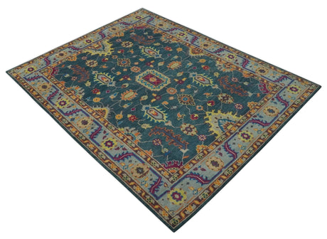 Vibrant Colorful Green, Silver, Mustard and Orange Hand Knotted Oriental Oushak Multi Size wool Area Rug